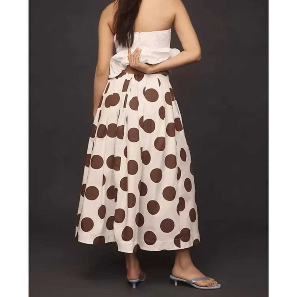 Maeve Cotton Poplin Pleated Midi Skirt White Brown Polka Dot XL - Picture 2 of 3